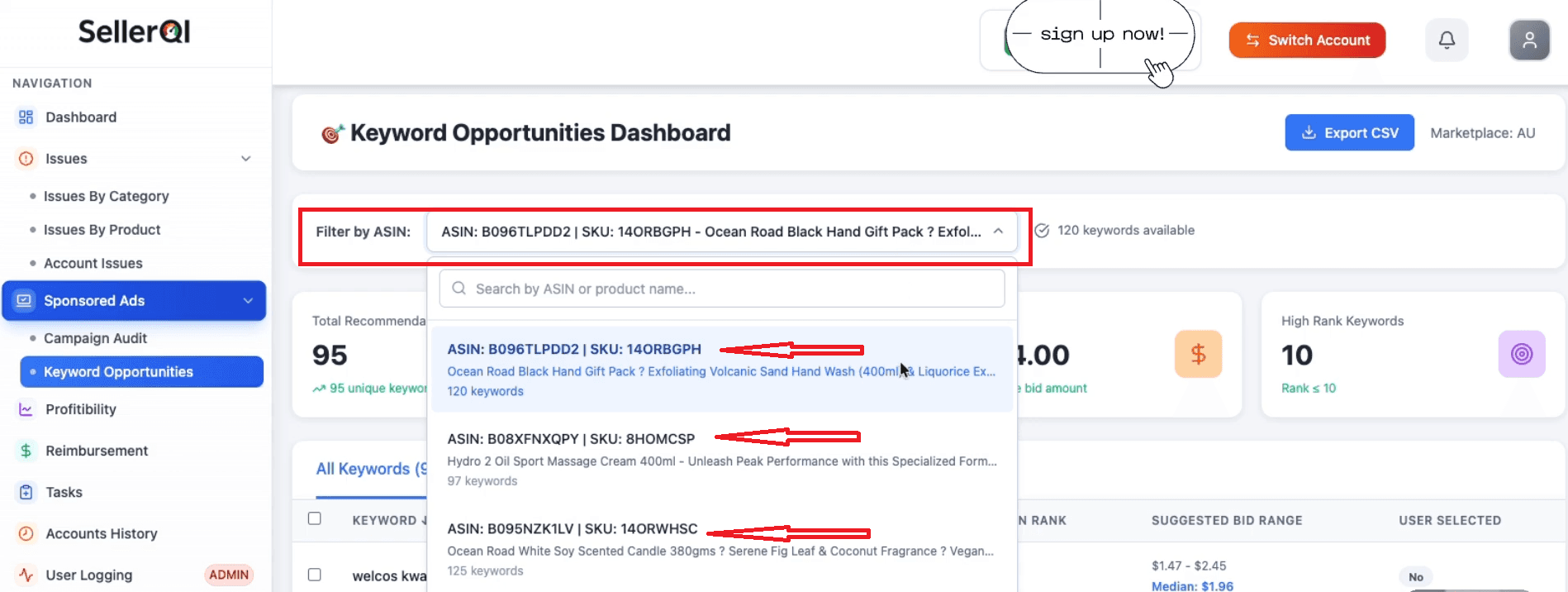 SellerQI Keyword Opportunities Dashboard