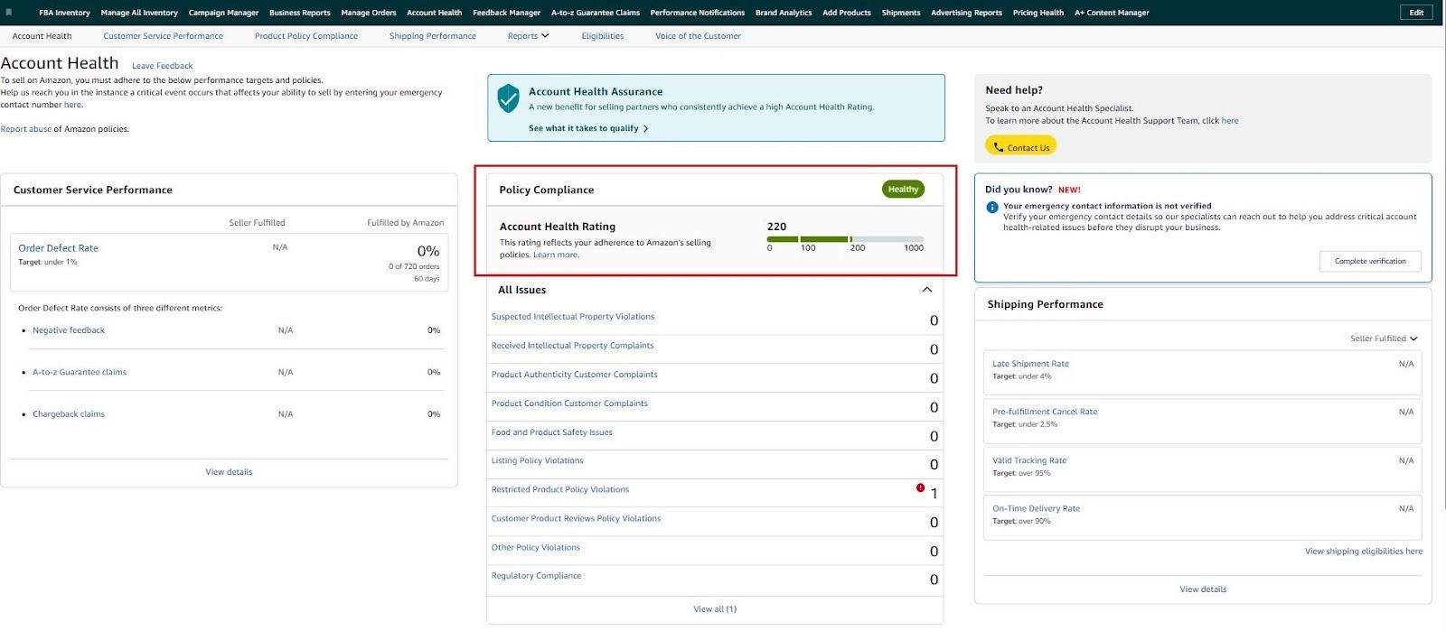 Amazon account health rating dashboard
